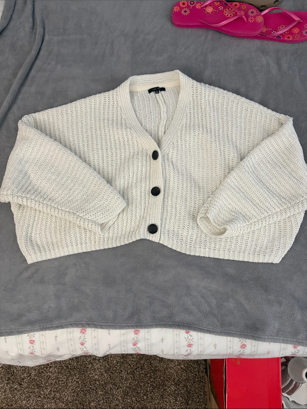 Cropped White Button-Front Knit Sweater